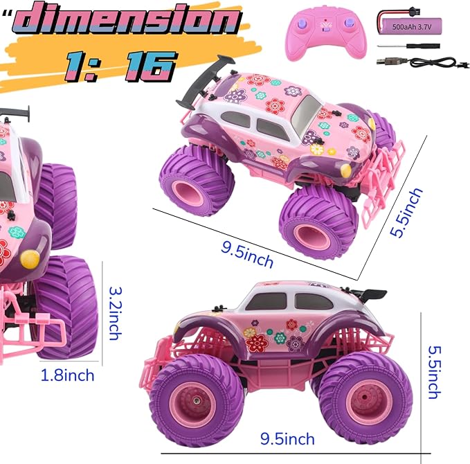 1:16 Scale RC Cars - All-Terrain Off-Road Monster Car & Beetle Bug Car, 2.4GHz Remote Control Toys for Girls Ages 6-12 (Pink/Purple) | Box Included