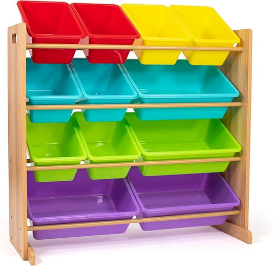 Humble Crew Kids Toy Storage Organizer with 12 Storage Bins, Rainbow/Natural Wood