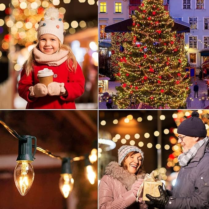 C7 Christmas Lights Outdoor, 25Ft C7 Warm White Christmas Decorations String Lights with 27 Clear Incandescent Bulbs, Vintage Christmas Lights for Roofline House Garden Patio Xmas Tree Party, Green