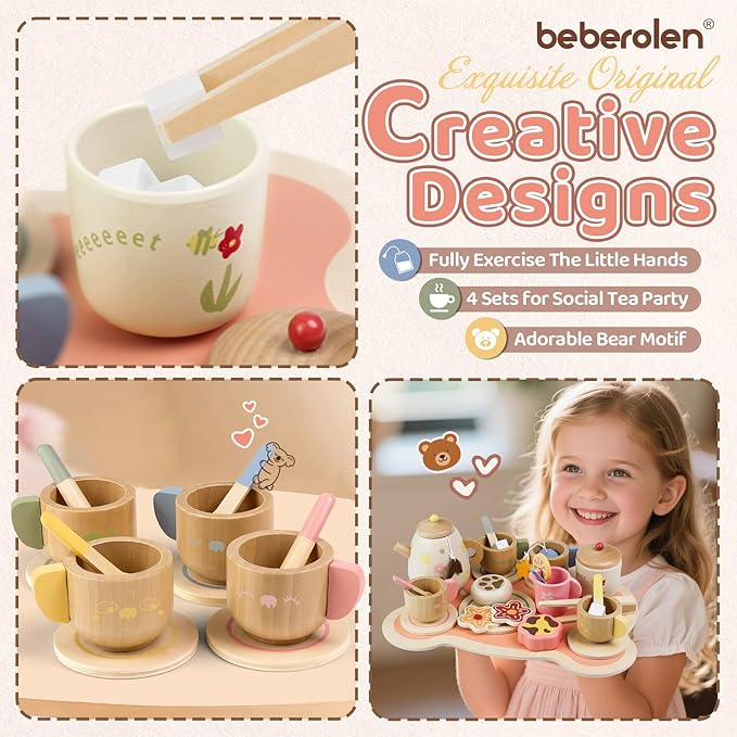 Tea Party Set for Toddlers 3-5 Girls Boy Birthday Gift Pretend Play Food Wooden Picnic Outdoor Toys Kids Age 2 3 4 5 6 Educational Wood Toy