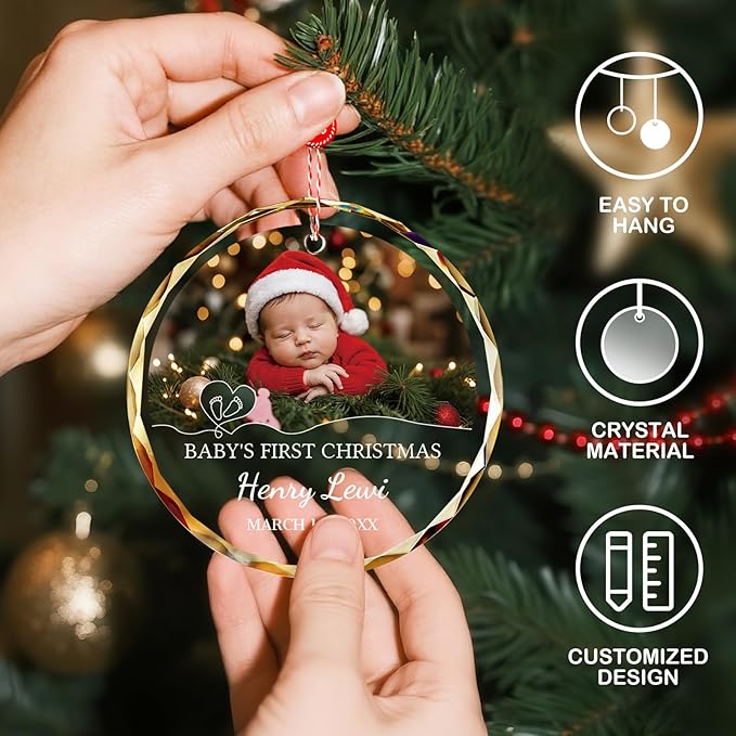 ALBK Custom Baby's First Glass Christmas Ornament 2025 - Personalized Baby Photo Ornament for Christmas Tree, Newborn Birth States Boy Girl Keepsake