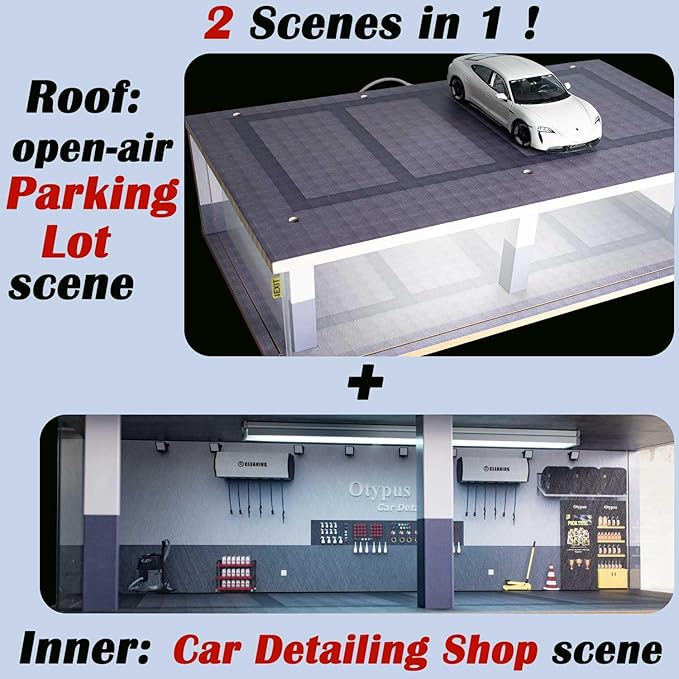 1/24 Scale Diecast Car Model Display Case, 1:24 Toy Garage with Adjustable Brightness Tricolor Light in Cars Detailing Studio Scene, 8 Parking Spots (4 Indoor +4 Roof Parking Spots)