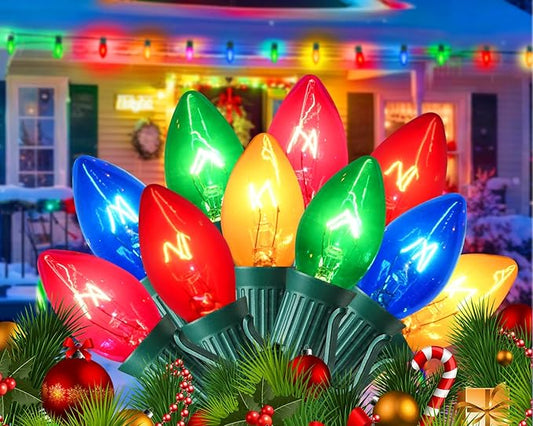 50FT C7 Multicolor Christmas Lights Outdoor, Vintage Christmas Light Green Wire with 55 Clear Multicolored Bulbs (5 Spare), Outdoor String Lights for Xmas Tree Home Yard Wedding Party Decorations