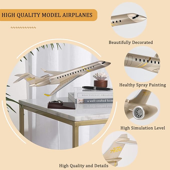 19.7”Collection Model Jet Airplane, Aviation Models Scale 1:72 Bombardier 7500 Model Aircraft for Office Home Desk Decoration or Gift (Golden)