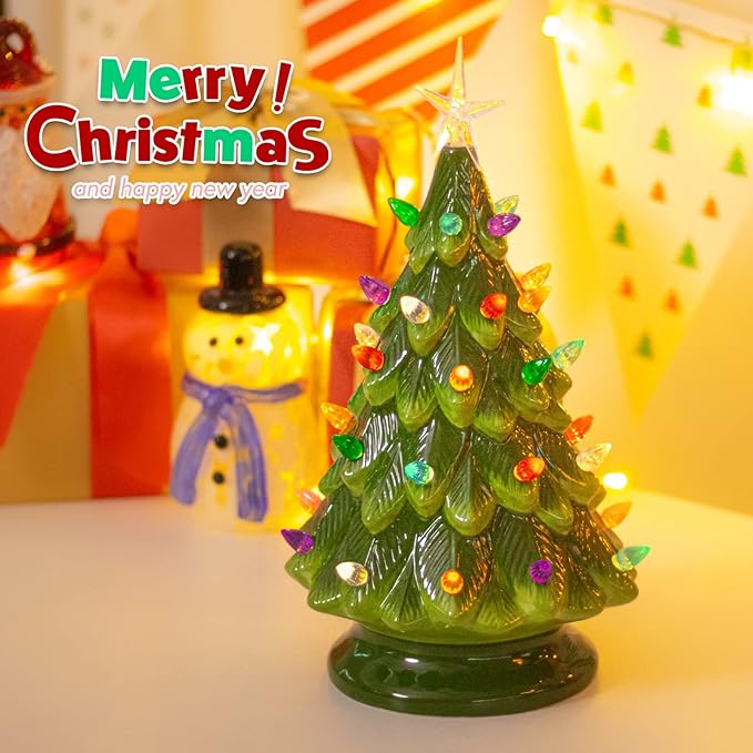 Small Ceramic Christmas Tree Hand-Painted Vintage Tabletop Green Christmas Tree Holiday Decoration with Multi-Color Lights 12.2 inch