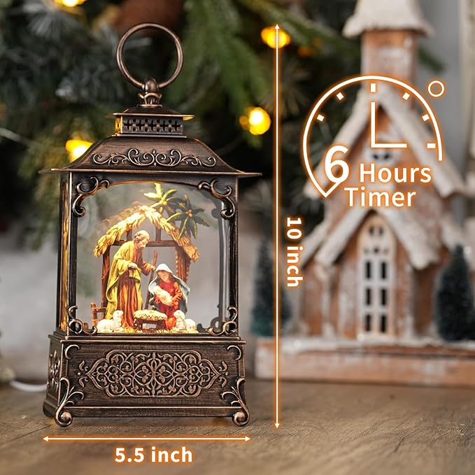 Nativity Scene Snow Globe, Light Up Christmas Snow Globes with Music Timer - USB Plug or Battery Operated Glitter Globe Indoor Christmas Decorations