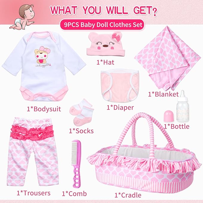 9 PCS Reborn Baby Doll Clothes Set with Pink Bassinet Accessories for 18-22 Inch Reborn Dolls,Newborn Baby Doll Clothes & Blanket