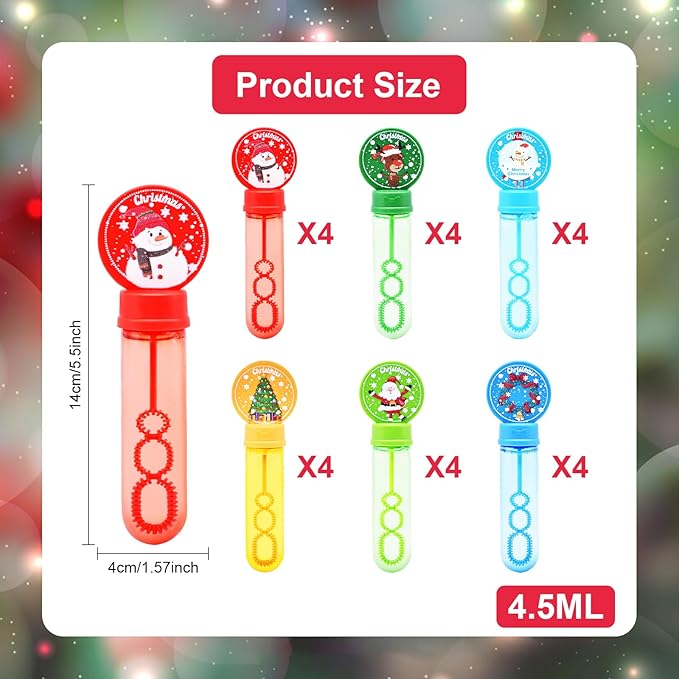24 Pack Christmas Bubble Wands for Kids - Holiday Themed Bubble Sticks with Santa, Reindeer & Snowman Designs, Refillable Bubbles Bulk Toys for Stocking Stuffers, Boys Girls Gifts, Party Favor