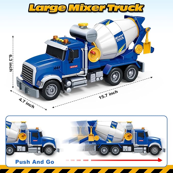 Kids Toys for 3 4 5 6 7 8 Years Old Boys, 15" Large Cement Mixer Truck Toy with Lights, Sounds, Blue Toddler Friction Powered Truck Vehicle Toy for Boys Girls Christmas Birthday Gifts