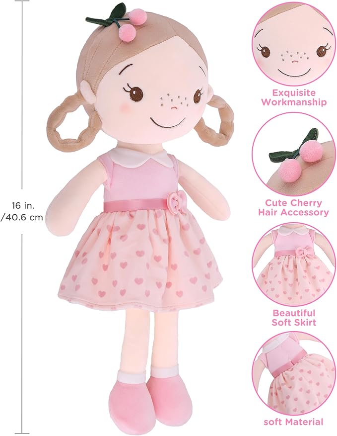 Soft Baby Doll Toys (16'') for Girls, My First Baby Rag Dolls for 1 Year Old Girl Birthday Gift Plush Doll Toys Machine Washable Baby Doll for Toddler Kids Infants - Cherry Girl