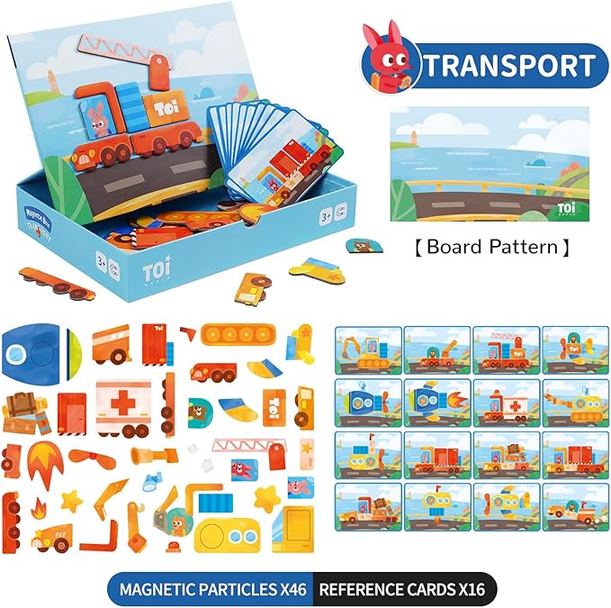 Toi Kids Magnet Toys Magnetic Jigsaw Puzzle Boxes with Game Board for Kids Ages 3-8, Preschool Tabletop Toy for Toddlers, Portable Travel Game, Vehicle