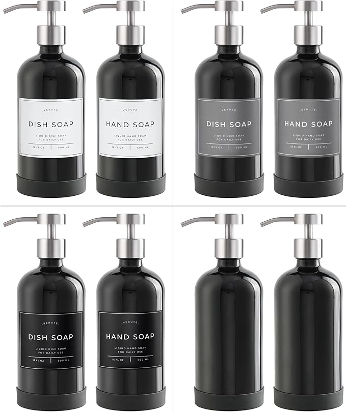 16oz Glass Soap Dispenser with Stainless Steel Pump, 21 Waterproof Labels, Non-Slip Protective Silicone Pad, Set of 2 for Bathroom & Kitchen (Gloss Black Bottle/Brushed Silver Pump)