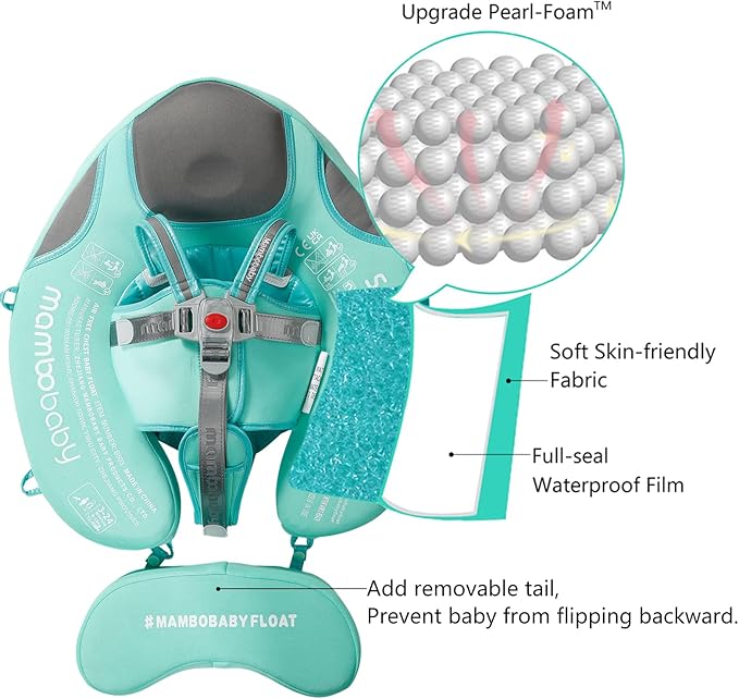 Mambobaby Float Add Tail Baby Swim Float with Canopy, Non-Inflatable Solid Baby Float, Upgrade Soft Skin-Friendly Fabric Material Infant Swim Float (Special Edition Green)