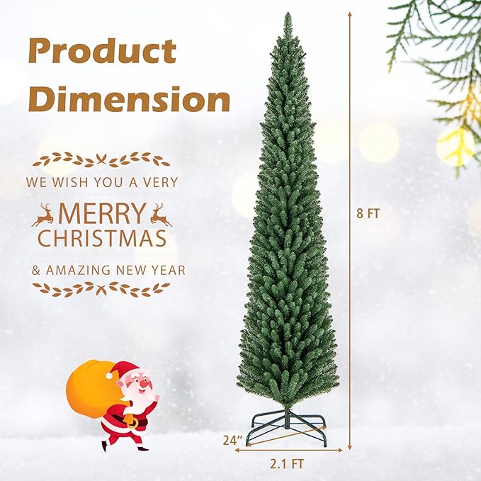 GOFLAME 8FT Pencil Christmas Tree, Slim Artificial Xmas Tree with 671 Memory Wire Branch Tips & Upgraded Metal Stand, Seasonal Holiday Decoration Tree for Home Office Party