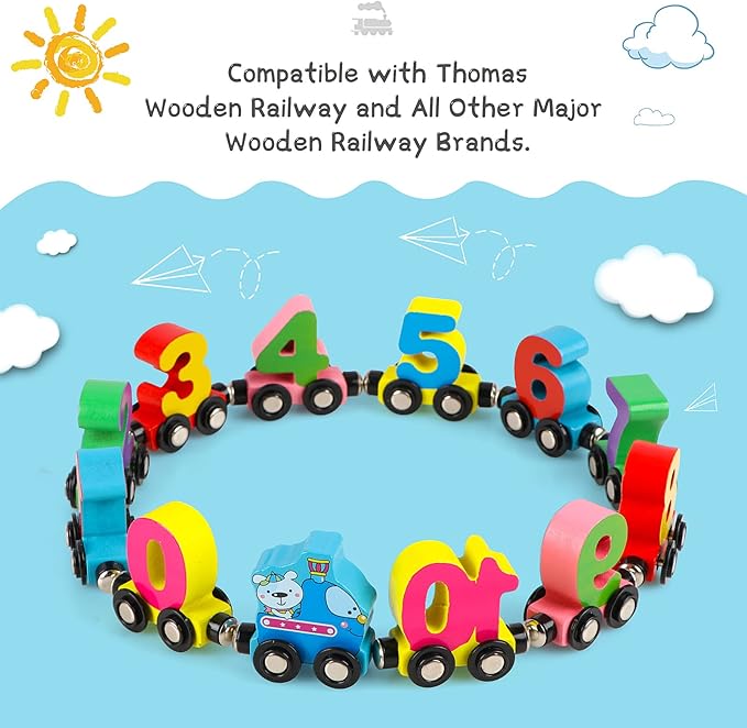 Wondertoys 12 PCS Wooden Number Train Set Toy Includes 1 Engine Cars for Toddlers Boys and Girls, Compatible with Major Brands Train Set Tracks