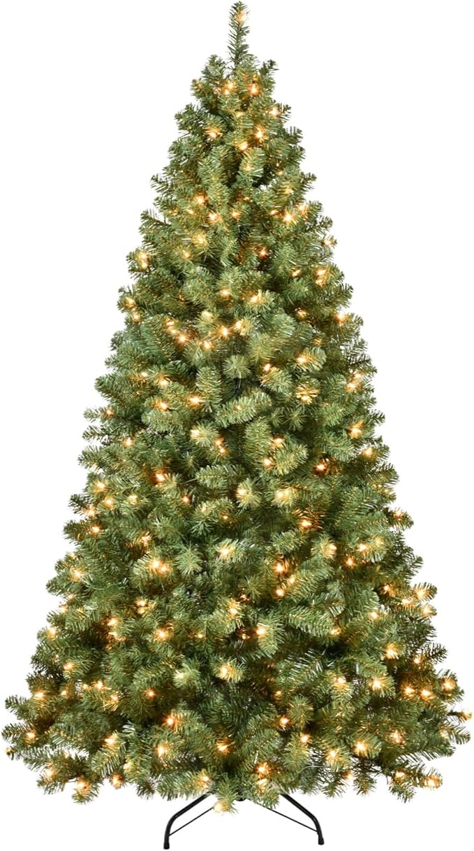 9ft Per-Lit Artificial Christmas Tree with 950 Warm White Lights, Premium Full Hinged Prelight Christmas Tree with 1930 Steel Branch Tips,Green Xmas Tree for Easy Holiday Setup, Foldable Base