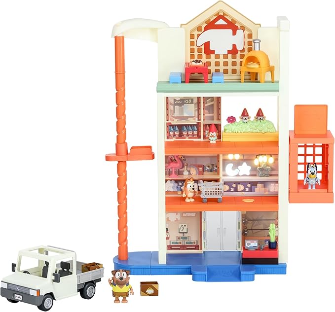 Bluey Hammerbarn Shopping Center Mega Set, 4 Level, 22" Tall Playset with Working Lift and Trolley Return, Lights and 45+ Sounds. 3 Figures. 15 Accessories & Tradie Ute Vehicle | Amazon Exclusive