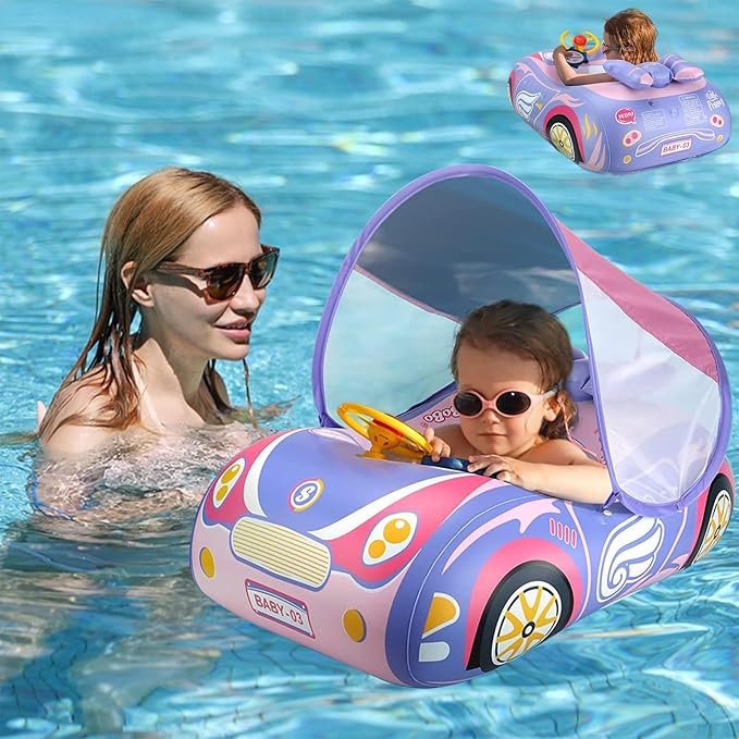3D Car Thick PVC Inflatable Baby Swim Pool Float with Sun Shade Cover and Steering Wheel - Age 1-4 Years Old