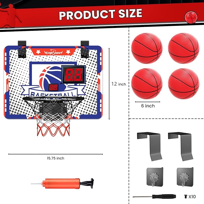EagleStone Kids Indoor Basketball Hoop, 4 Balls Mini Basketball Toy for Toddlers, with Electronic Scoreboard Over The Door Room Wall Basketball Hoop Goal Boys Girls Gift for Age 3 4 5 6 7 8 9 10