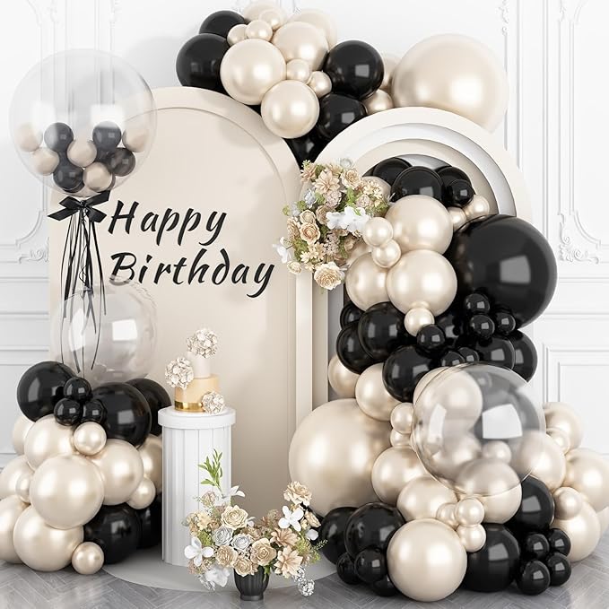 Pearl Sand White and Black Balloon Arch Kit, Double Stuffed White Sand Black Balloons Garland 18/12/10/5 Inch Pearl Balloons for Baby Shower Birthday Wedding Bridal Shower Party Decor