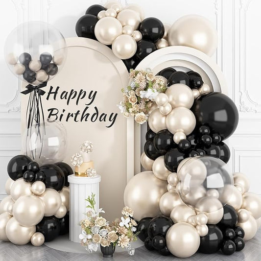 Pearl Sand White and Black Balloon Arch Kit, Double Stuffed White Sand Black Balloons Garland 18/12/10/5 Inch Pearl Balloons for Baby Shower Birthday Wedding Bridal Shower Party Decor