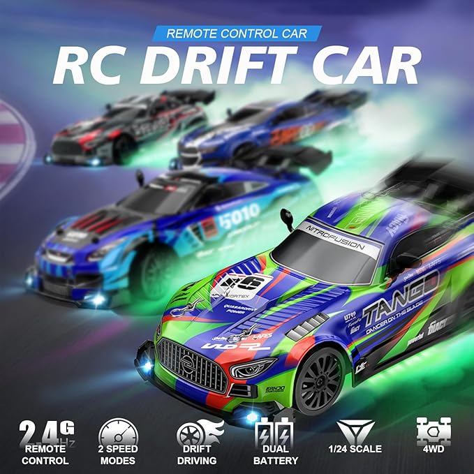 Drift RC Car for Electric Toy Car Hobby Racing Car Toys with Controller,1:24 4WD High Speed RC Drift Cars with LED Lights,Drifting Tires＆Two Batteries, for Adults & Kids