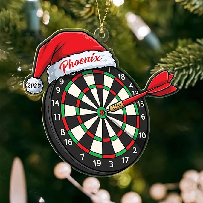 Personalized Dart Board Santa Hat Shaped Xmas Ornament 2025, Dart Board Christmas Ornament Gift for Darts Lover Men Women Dad Mom Daughter Son, Custom Year Name Ornaments for Darts Fans Player Team