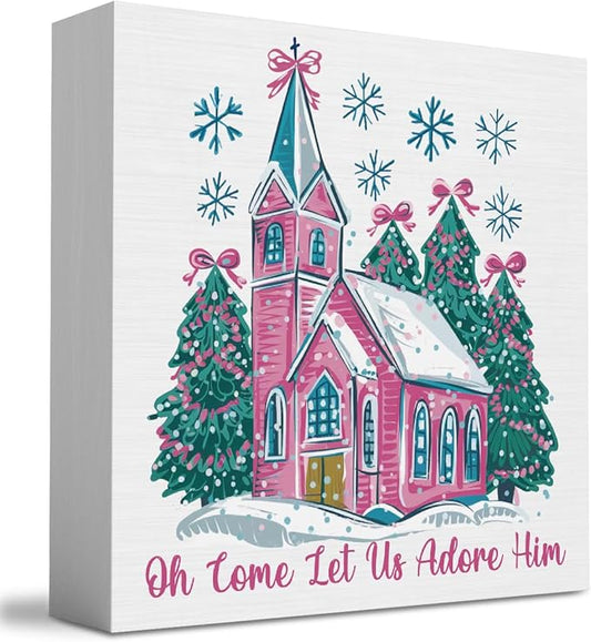 Oh Come Let Us Adore Him Sign, Jesus Christmas Tree Decor, Christian Christmas Decoration for Home Office Desk Table Shelf 5 X 5 inch