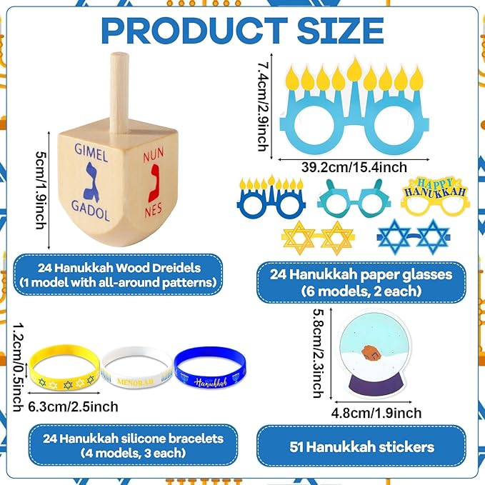 87Pcs Hanukkah Party Favors Silicone Bracelets Rubber Sets Chanukkah Wooden Gyro and Sticker Kits Hanukkah Wristbands and Paper Glasses Party Gifts for Adults Chanukkah Decorations Accessories