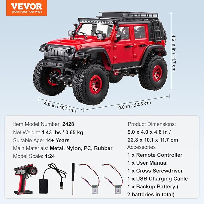 VEVOR RC Crawler 1/24 Scale RC Car Rock Crawler All Terrain 4WD Off-Road Truck with led Light 2 Rechargeable Batteries, 2-Speed Adjustable Hobby Racing Car Gift for Adults