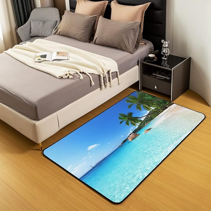 Ocean Area Rug 5x7, Palm Leaves Printd Rug, Summer Beach Hawaiian Vacation Style Non Slip Carpet, Green Palm Trees Tropical Nature Sea Theme Decorative Rug for Living Room