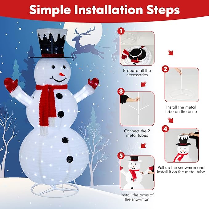 Tangkula 6 FT Lighted Christmas Snowman, Outdoor Pop-up Snowman Figure w/200 Lights, Red Scarf, Black Hat, Ground Stakes, Zip Ties, Collapsible Faux Light up Snowman for Party, Festival Decor