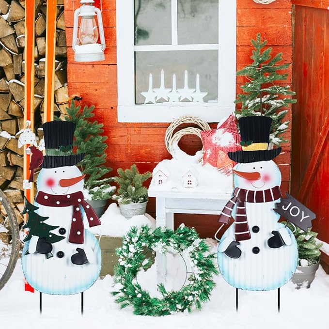 hogardeck Outdoor Christmas Decorations for Home, 2 Pcs Metal Snowman Decorative Garden Stakes with Joy for Christmas Decor, Yard Signs for Garden Home Lawn Patio