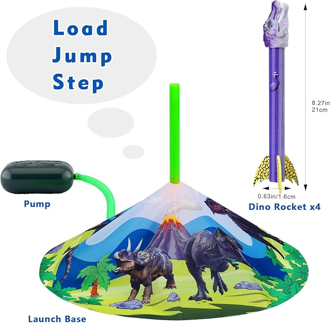 Dinosaur Toy Rocket Launcher for Kids - Launch Up to 100 Ft, 4 Rockets, Outdoor Outside Toys for Kids, Dinosaur Toys, Birthday Gifts for 3 4 5 6 7 8-12 Year Old Boys Girls