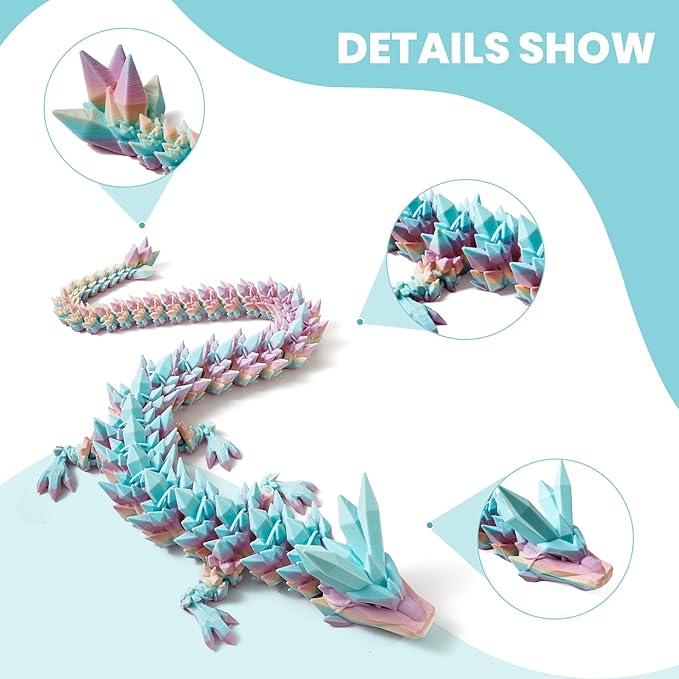 30'' 3D Printed Dragon - 3D Printed Toys, Articulated Crystal Dragon Large Rainbow Animal Fidget Toy, Decor Huge Dragons Collectible Figurines(Mixcolor1,30inch)