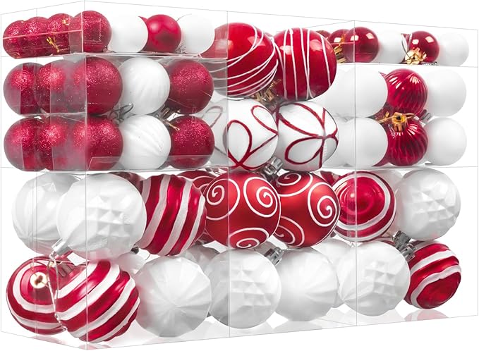 100Pcs Christmas Ball Ornaments Set, Shatterproof Plastic Red and White Christmas Ornaments for Xmas Tree, Assorted Baubles Hanging Decorations for Holiday/Party/Wedding