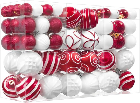 100Pcs Christmas Ball Ornaments Set, Shatterproof Plastic Red and White Christmas Ornaments for Xmas Tree, Assorted Baubles Hanging Decorations for Holiday/Party/Wedding