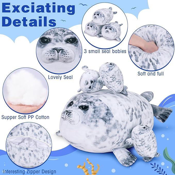 Achwishap 4pcs Seal Plush Pillow,Seal Stuffed Animal Mommy with 3 Seal Baby Plush Toy,Cute Plushie Seal Hugging Pillow Cuddle Plushie for Kids Girls Boys Gifts(Seal Family,19.6”,Gray)