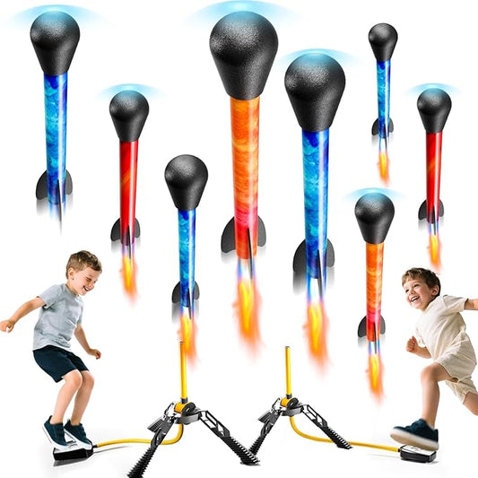 Rockets for Kids Age 4-8 with 8 LED Rockets and 2 Launcher - Outdoor Toys for 4 5 6 7 8-12 Year Old Boy Birthday Gift, Air Powered Flying Toy Shooting Up to 100 Feet, Toys for Kids Ages 8-12