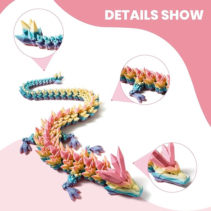 30'' 3D Printed Dragon - 3D Printed Toys, Articulated Crystal Dragon Large Rainbow Animal Fidget Toy, Decor Huge Dragons Collectible Figurines(Mixcolor3,30inch)