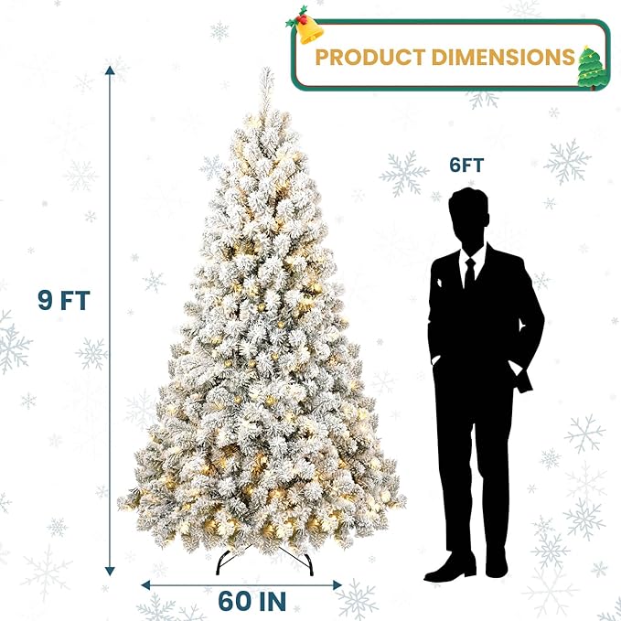 Kadunmina 9ft Pre-lit Artificial Christmas Tree, Hinged Snow Flocked Xmas Trees with 650 Incandescent Warm White Lights, 1930 Branch Tips and Metal Stand for Home, Office, Holiday Decor,Green & White