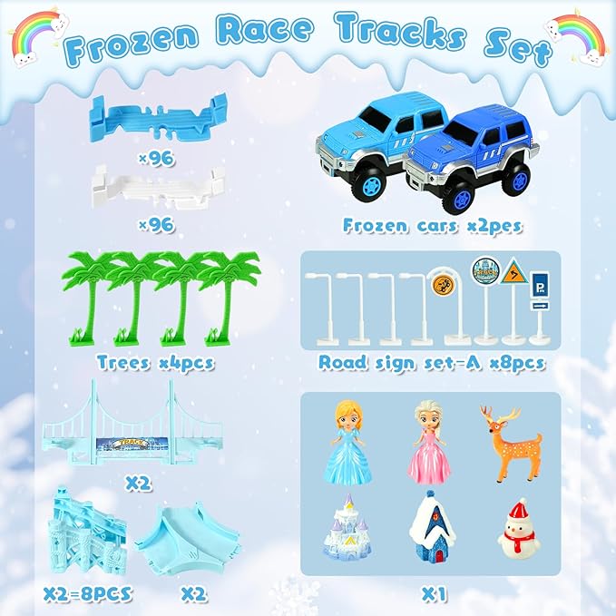 Frozen Race Track Toys for Girls Ages 3-8, 224 PCS Princess Castle Car Toys with Magic Bendable, 2 Monster Truck, Flexible DIY Track Set, Christmas Birthday Gifts for 3 4 5 6 7 8 Year Olds Toddler Kid