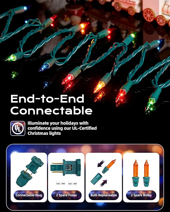 Brightown Multicolor Christmas String Lights, 100-Count 25ft Incandescent Bulb Mini Lights for Indoor Holiday Decor, Christmas Tree Garland Wedding Party Multi-Use Festival Decoration, Green Wire