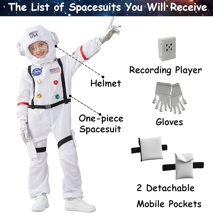 LANGXUN Kids Astronaut Halloween Costume Set, Boys Girls Space Suit Dress Up, Toddler Pilot Jumpsuit for Themed Party