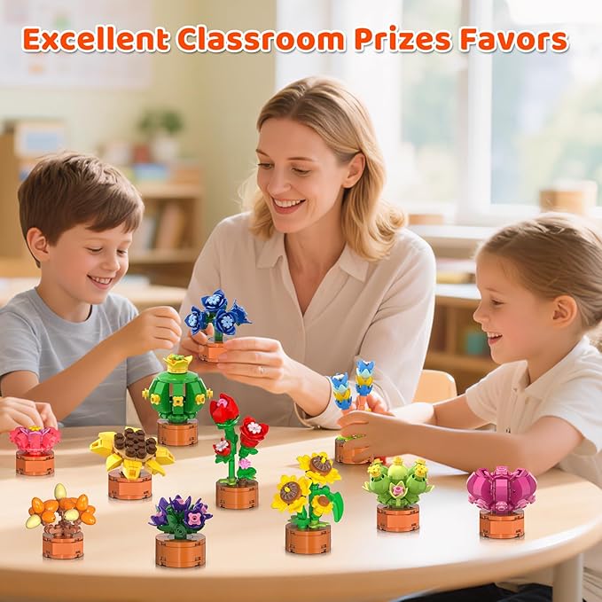 24 Pack Flowers Succulent Party Favors for Kids Building Set - 1012PCS Botanical Bonsai 3.6MM Mini Building Blocks Toy for Classroom Prizes Easter Basket Stuffer Birthday Gift for Girl Boy 6+