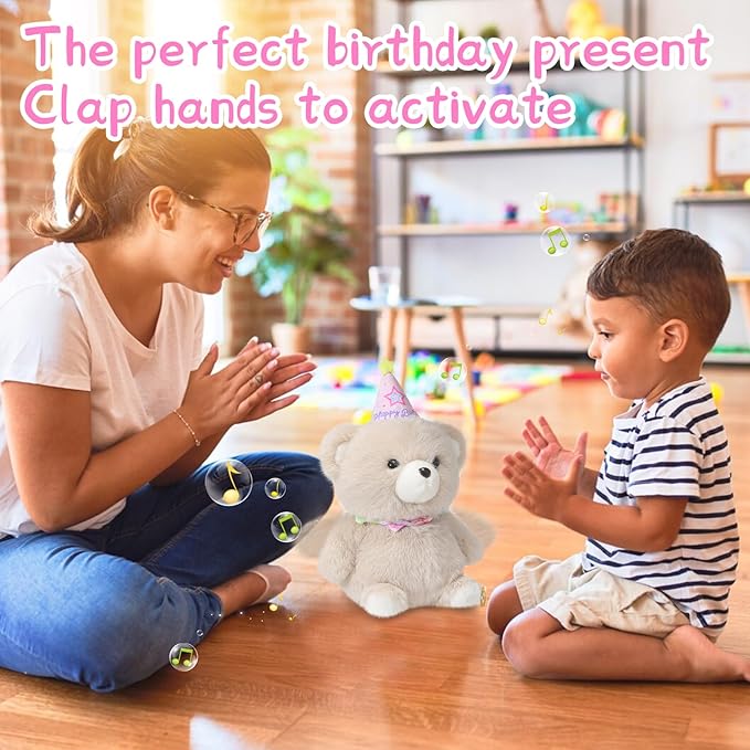 Birthday Bear Plush Toy Clap Activated with Voice Recording Singing Dancing Interactive Stuffed Animal Gift for Toddler Kids Boys Girls