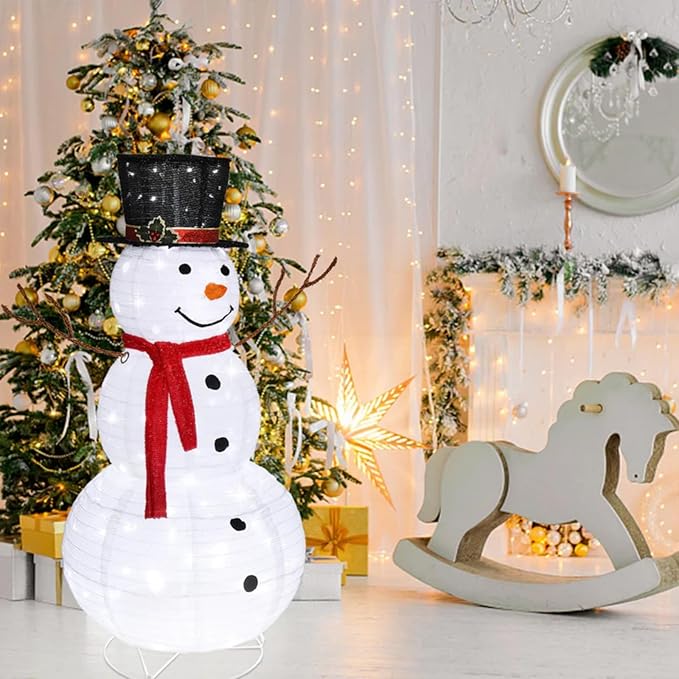 Snowman Outdoor Christmas Decorations with 120 LED Lights, 4ft Lighted Snowman with Metal Stand, Holiday Ornaments Xmas Decor for Home Porch Patio Yard Party (White, 23.62“ x 23.62” x 47.24“)