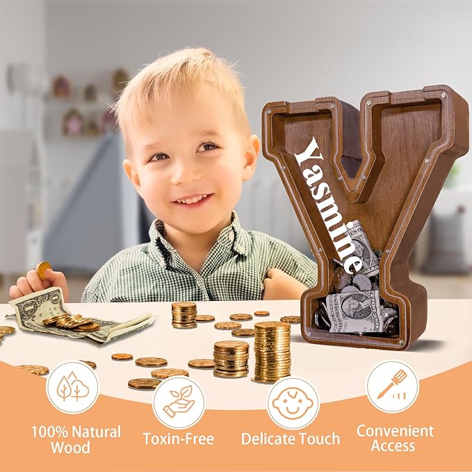 Personalized Wooden Letter Piggy Bank for Kids Larger Letter Piggy Bank for Boys and Girls Initial Coin Bank Customized Piggy Bank Perfect Wood Kids Money Bank for Birthday and Festival