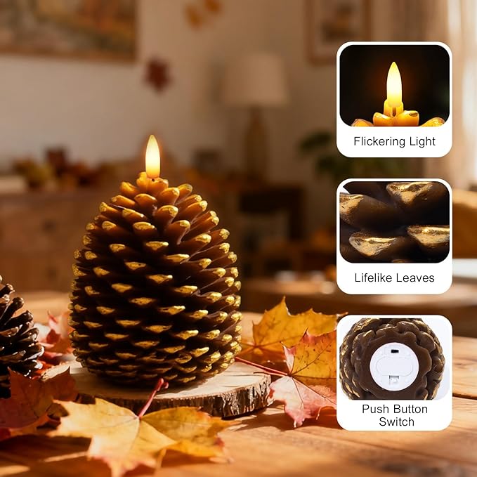 Christmas Decorations Indoor, Christmas Decor - Pinecone Candles Battery Operated, Flickering Flameless LED Pine Cone Candles, 6H Timer, Fall Thanksgiving Xmas Home Table Room Holiday Decor, Set of 2