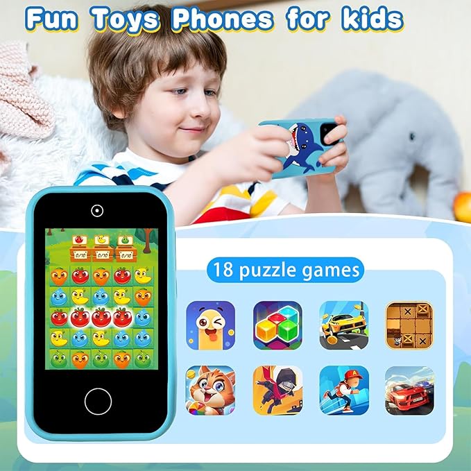 Kids Smart Phone, Shark Toys Phone for Boys 3-12 , Dual Camera, 2.8'' Touchscreen Kid Phones, Educational Toy for Toddler Kids Christmas Birthday Gifts, ABC Learning, Habit Tracker 32 GB Card Blue